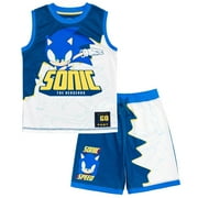 SEGA Sonic The Hedgehog Little Boys Mesh Athletic Tank Top Shorts Outfit Set White / Blue 4